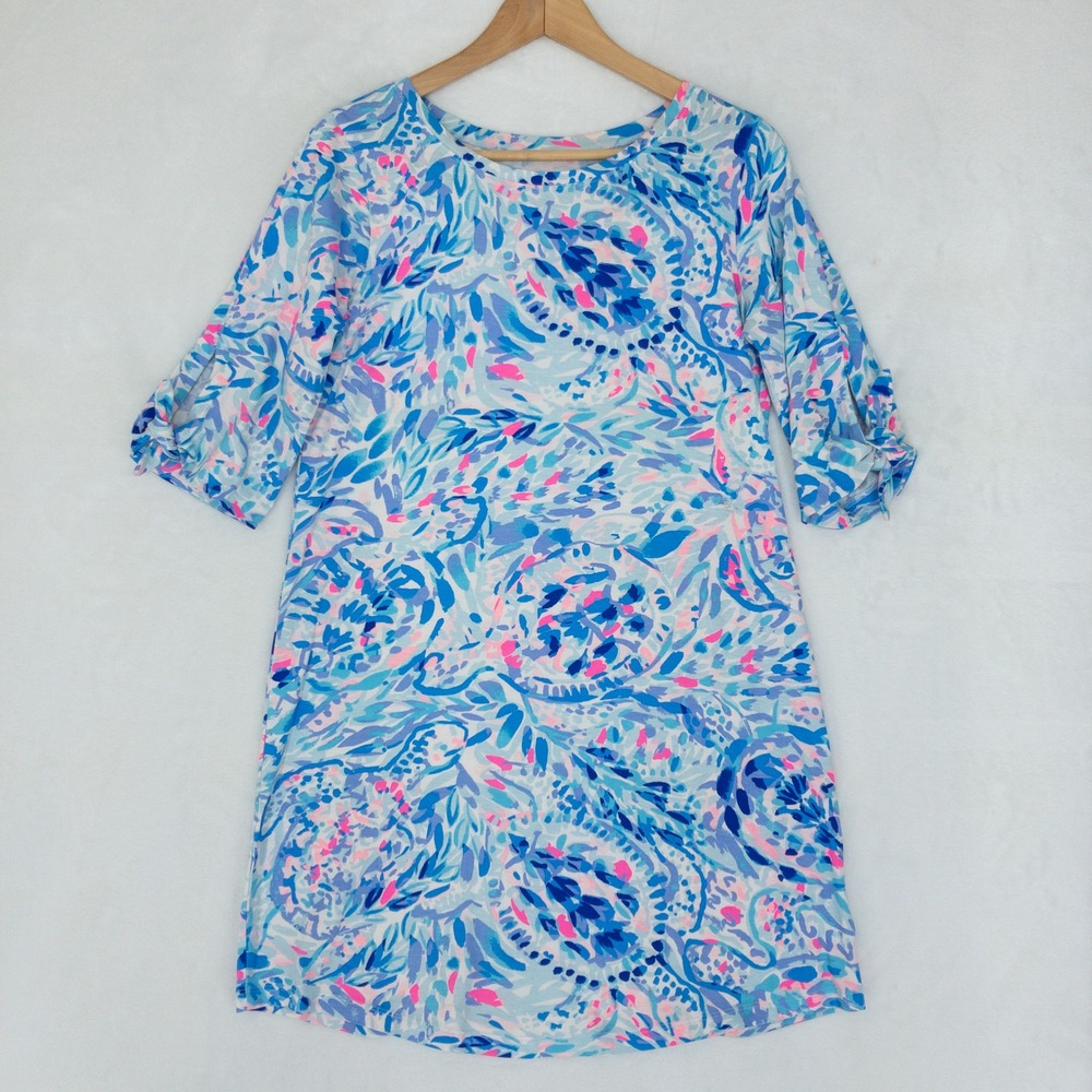 Lilly Pulitzer Preston Dress Womens Medium Blue Pima Cotton Tie Sleeve STAIN